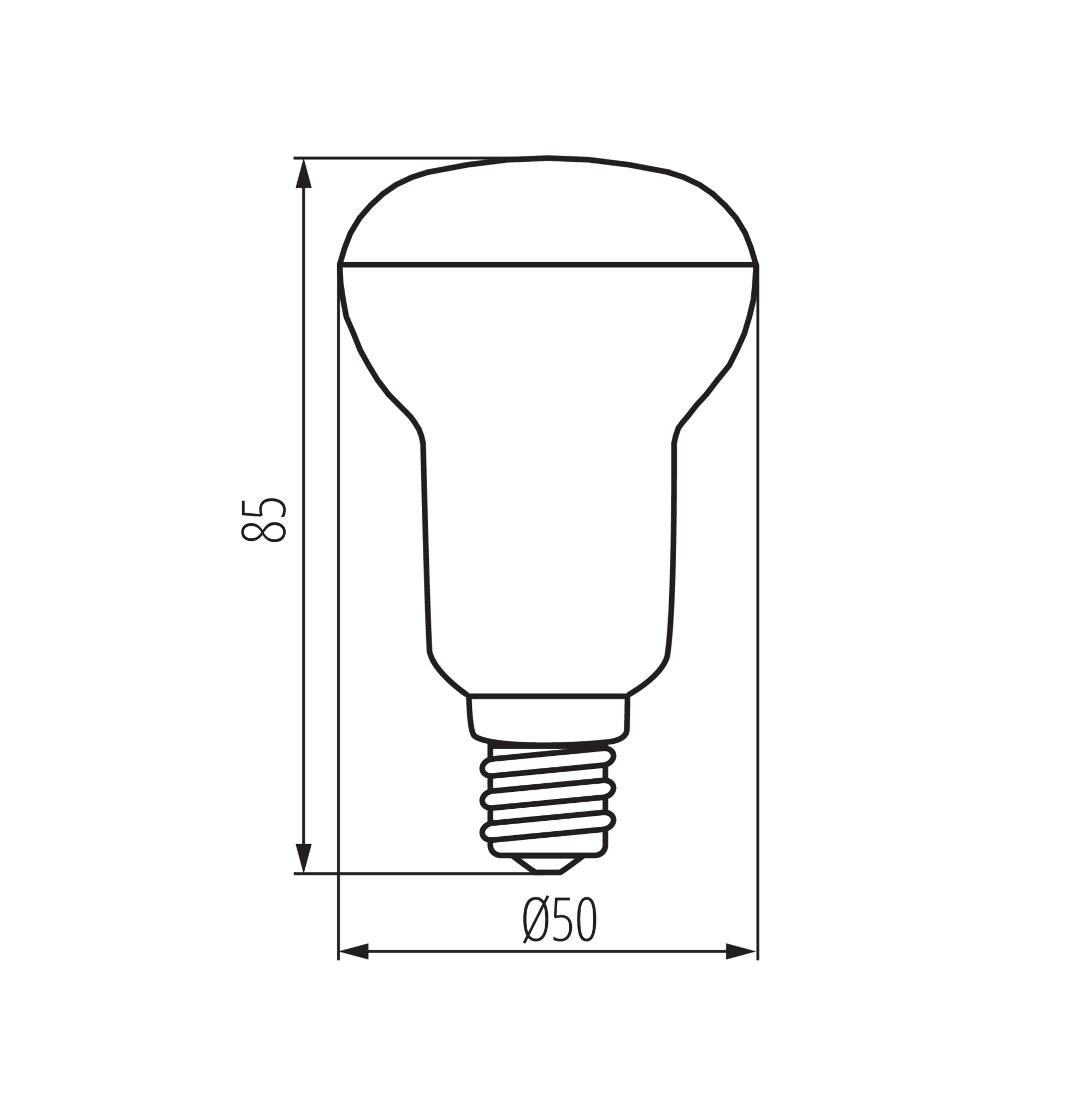 LED лампа R50/E14 неутрално бяла светлина — технически чертеж