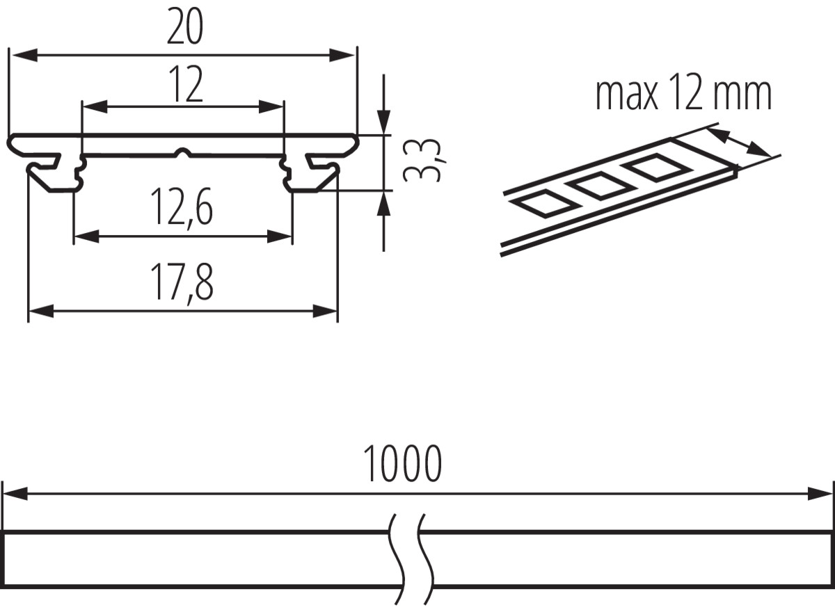 Алуминиев профил модел H за LED лента – 1 m — технически чертеж