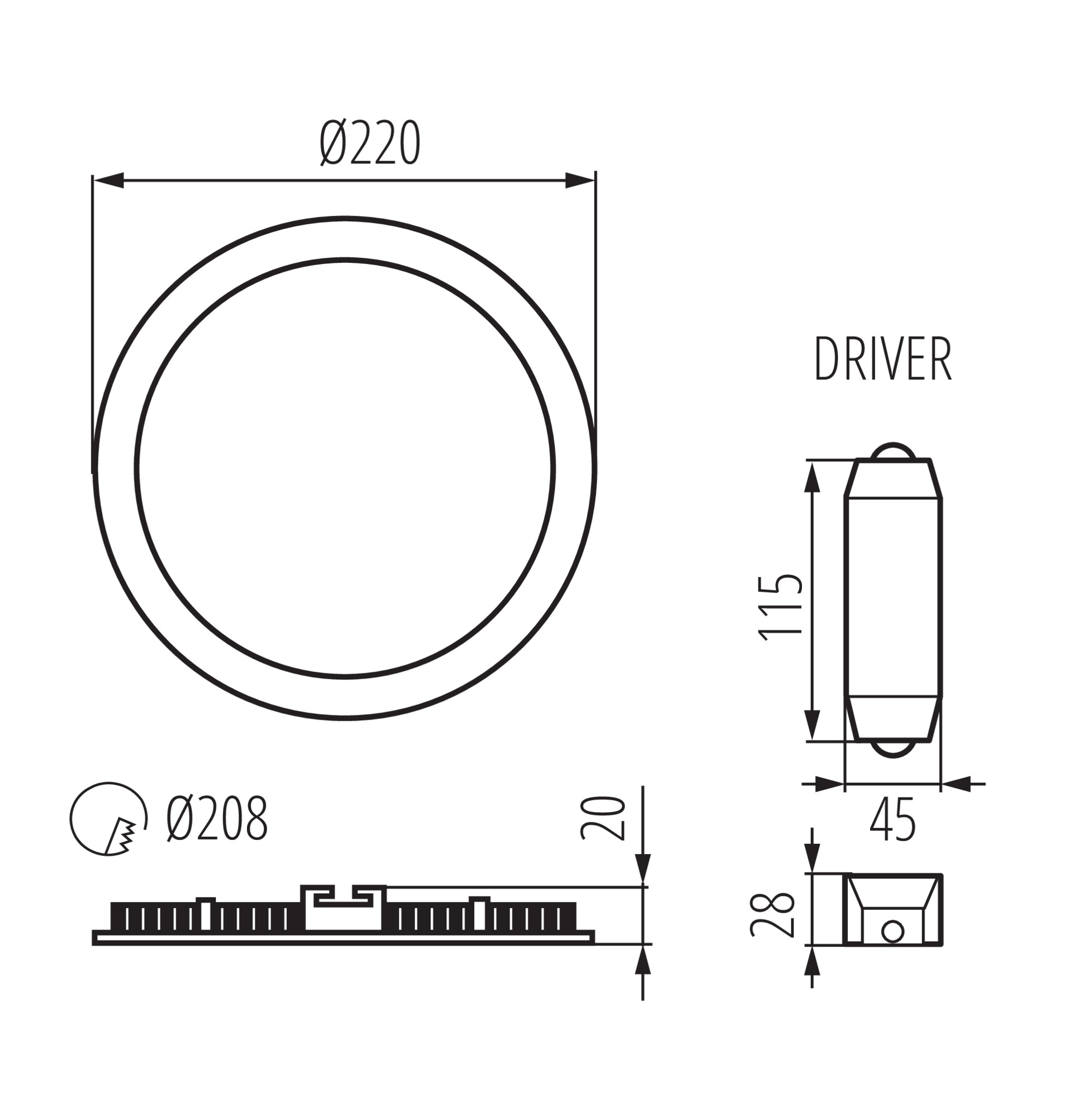 LED тяло тип Downlight — технически чертеж