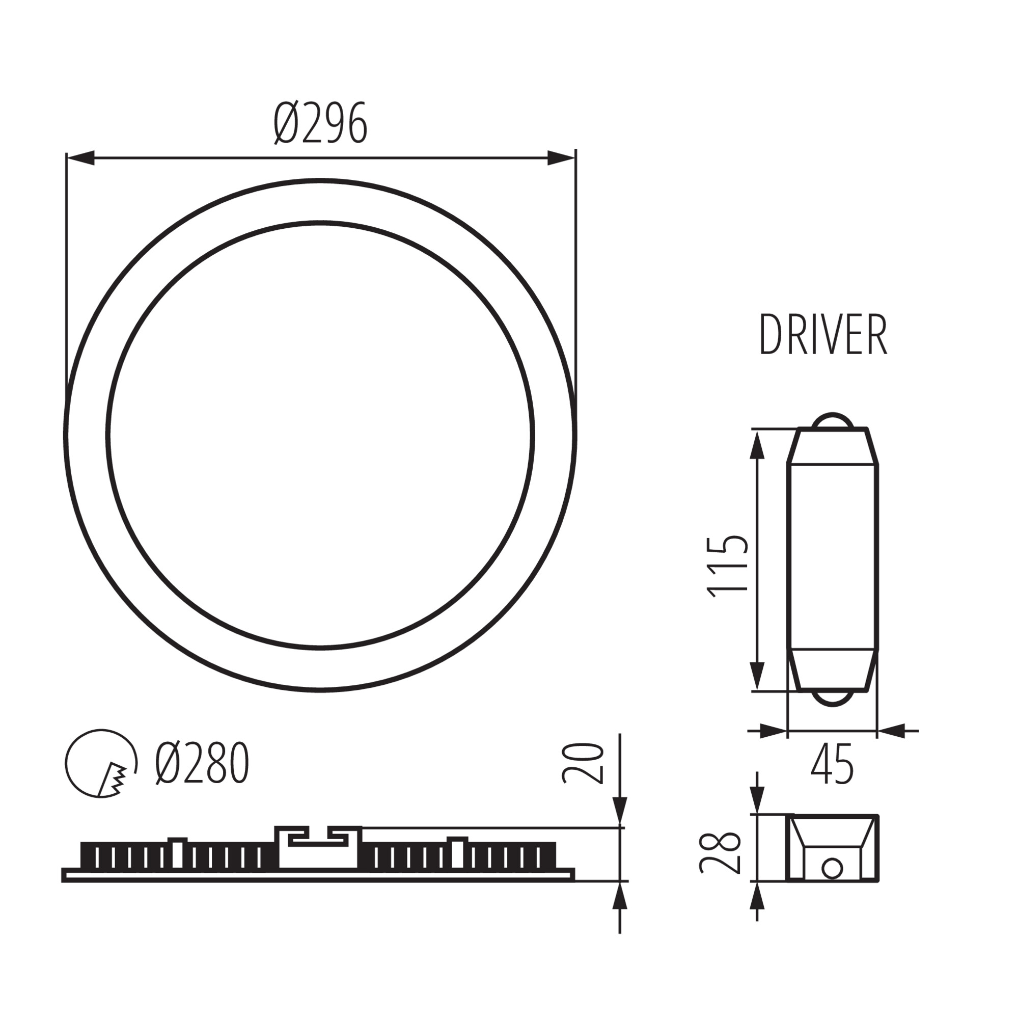 LED тяло тип Downlight — технически чертеж
