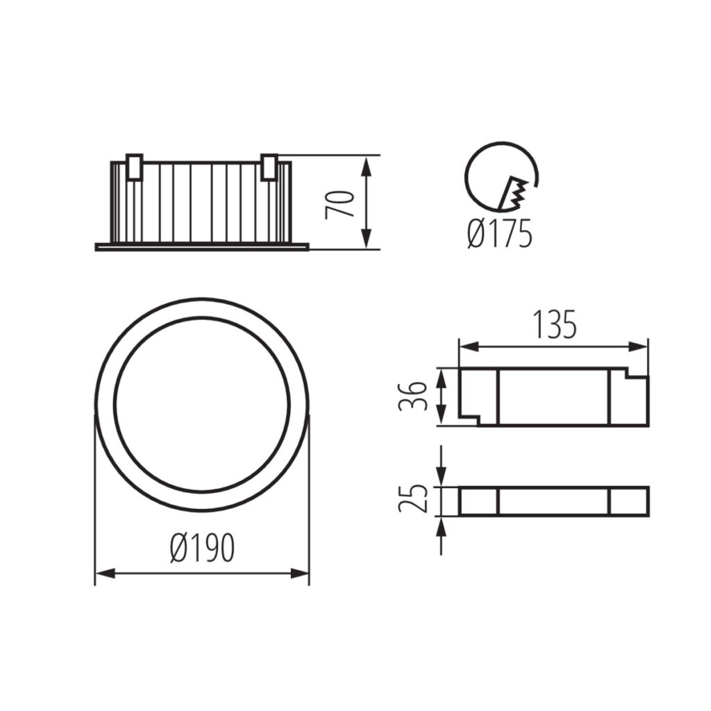 Осветително тяло тип Downlight — технически чертеж